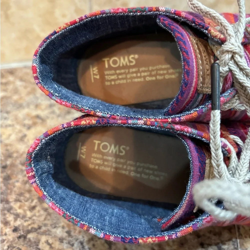 Toms Mexican Serape Blanket Hemp Linen Espadrille Wedge Ankle Booties Si…